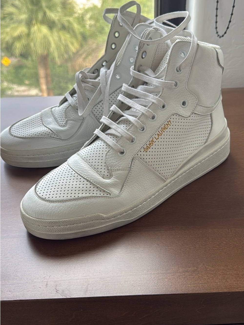 Saint Laurent White High-Top Perforated Leather Sneakers with Gold Logo
